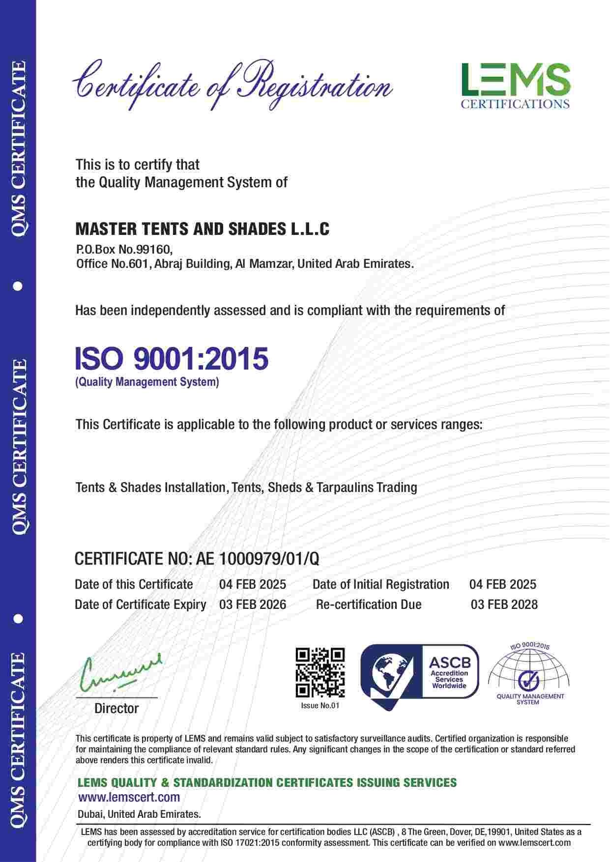 Master Tents and Shades LLC ISO 9001:2015 Certificate